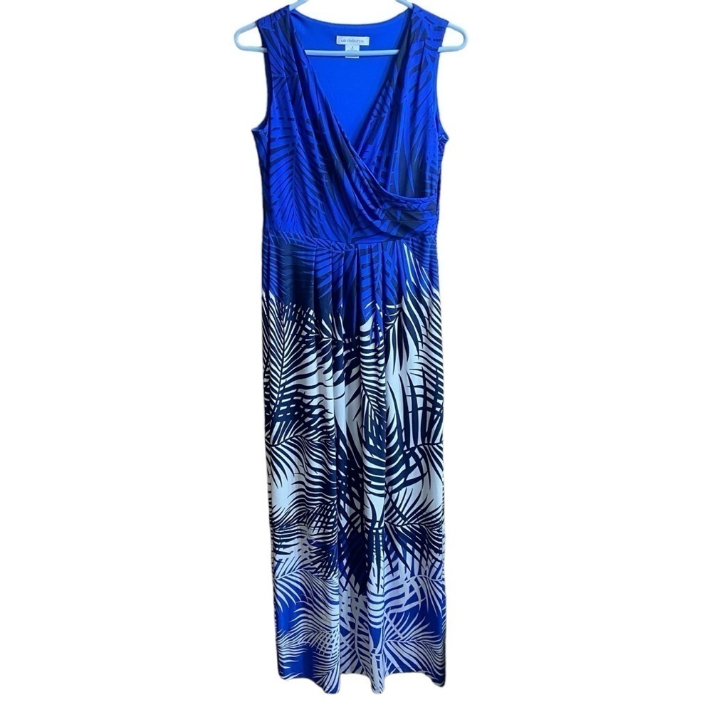 Liz Claiborne Black Blue White Tropical Palm Tree Branches Maxi Dress Size S